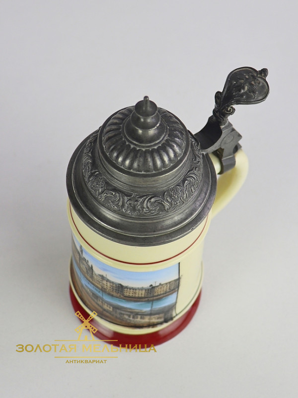 Старинная фарфоровая пивная кружка с крышкой "Город Coblenz" литофания объём 0,25 литра, Германия